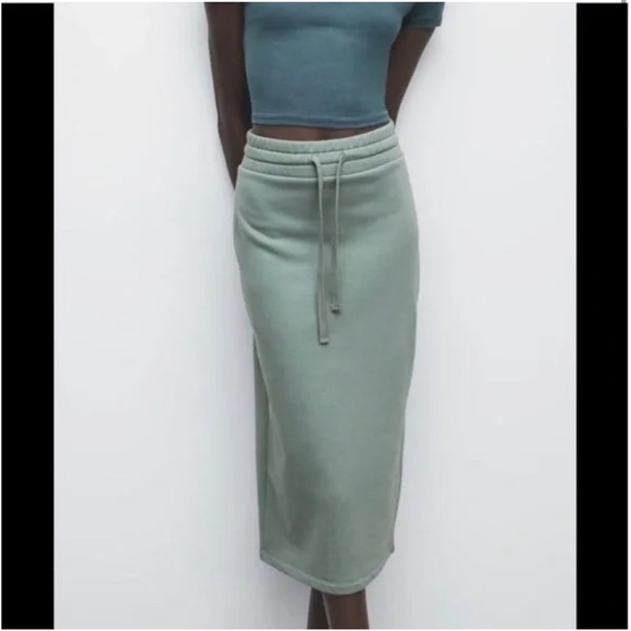 Zara Women’s Fleece Drawstring Midi Skirt Sage Green Size Large NEW - Picture 4 of 15